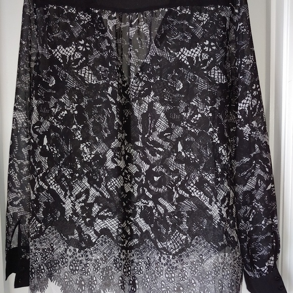 Ann Taylor Long Sleeve Graphic Sheer Blouse - Picture 2 of 5